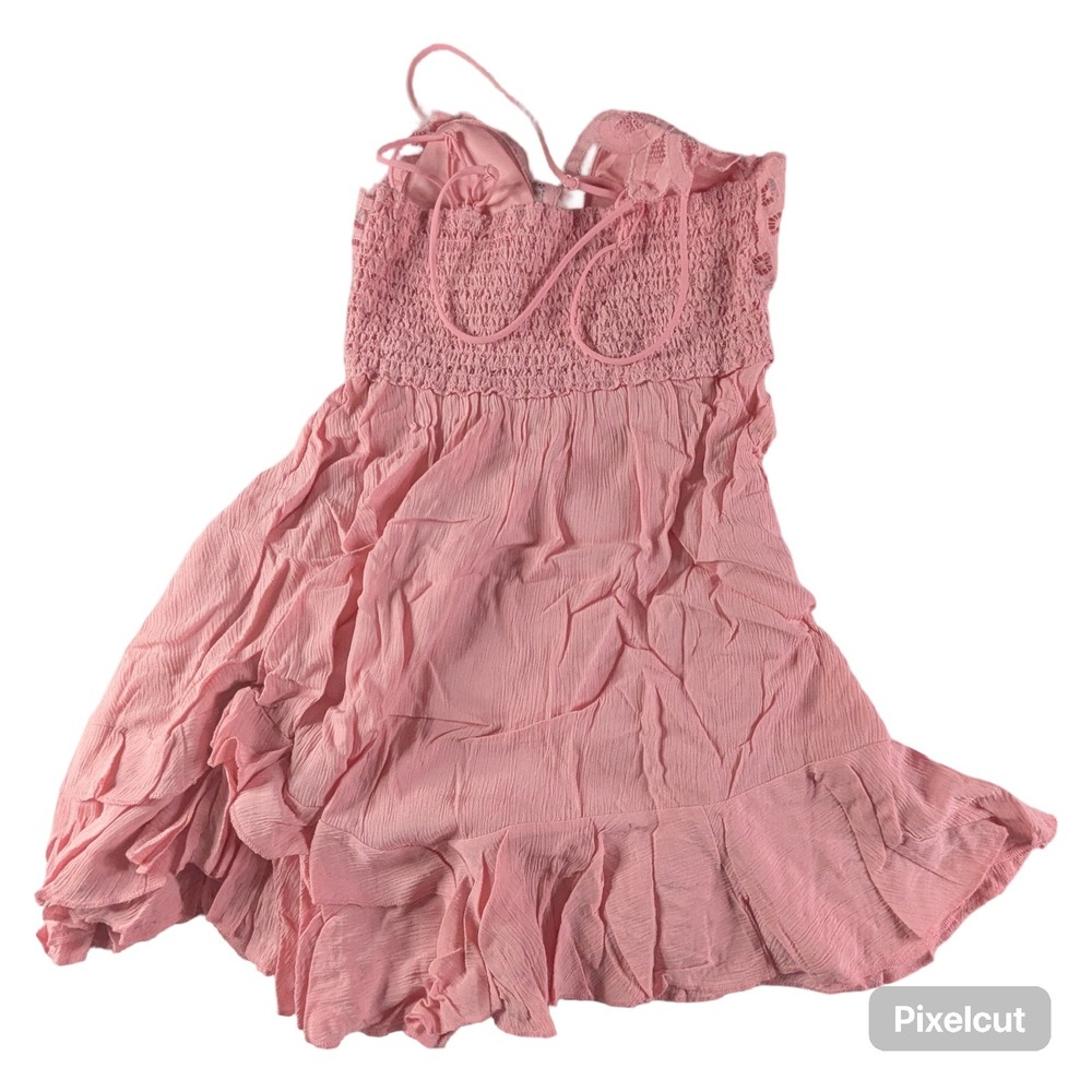 Zenana Pink Lace Bodice Strappy Mini Dress LT-6341AS XL Smocked Back Ruffle Hem